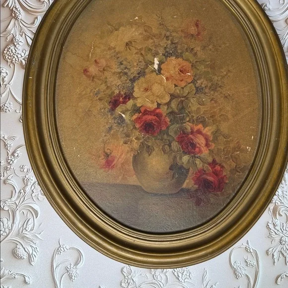 Vintage M. DeCamb Oval Frame Floral Flowers Print Picture By Borin Art Products - Picture 3 of 7